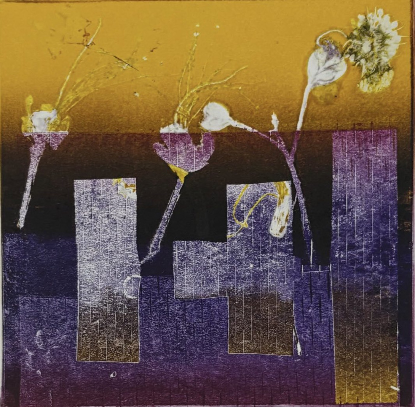 A purple and gold monotype of pressed flowers