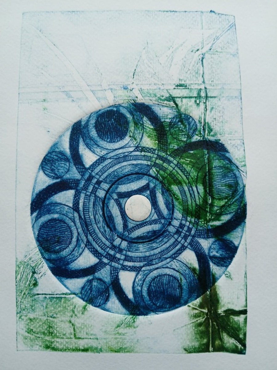 A deep blue drypoint of waterlilies