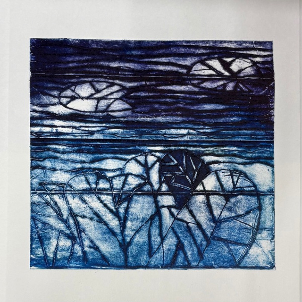 A blue-green drypoint of concentric scratched circles