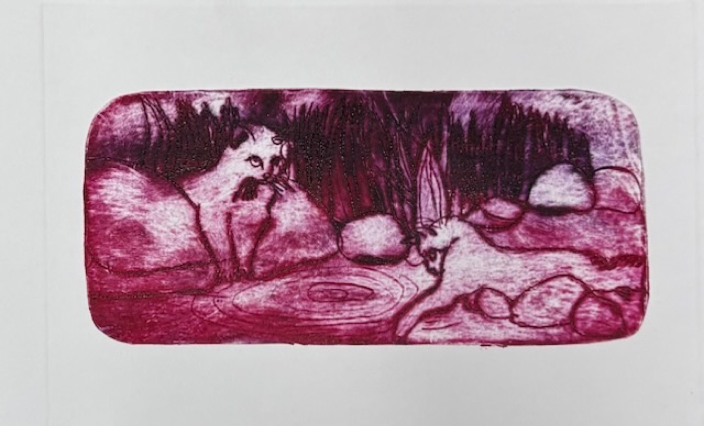 A magenta drypoint of two foxes by water at night