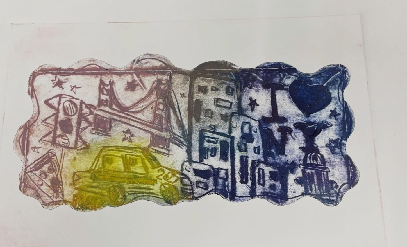 A colorful monotype of a city street